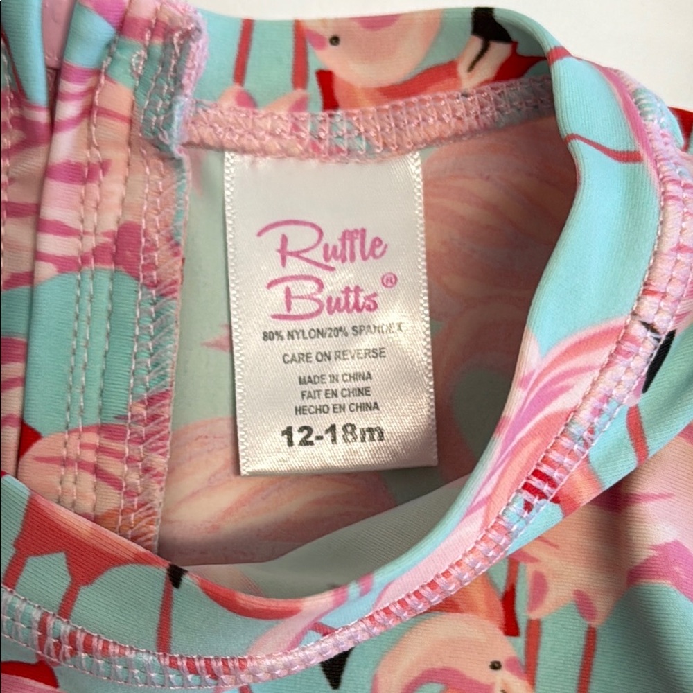 Ruffle Butts Pink and Blue Flamingo Rashguard - Picture 2 of 4
